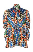 Naeem Khan Printed Silk Satin Pussy Bow Blouse