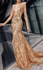 Moda Operandi Naeem Khan Sequin Embroidered Gown With Fitted Skirt