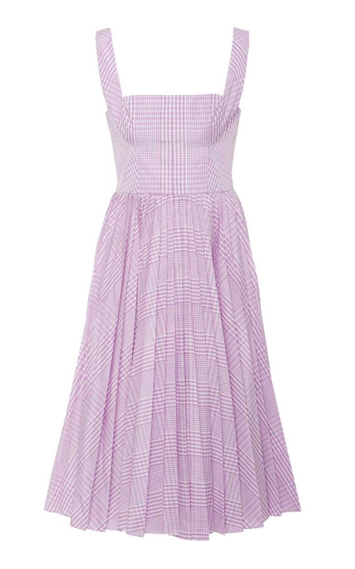 Lela Rose Pleated Gingham Poplin Midi Dress