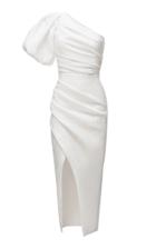 Moda Operandi Rasario Asymmetric Draped Jacquard Midi Dress With Voluminous Sleeve