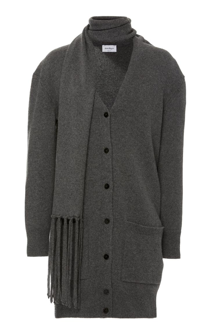 Salvatore Ferragamo Virgin Wool Longline Cardigan With Scarf Neckline