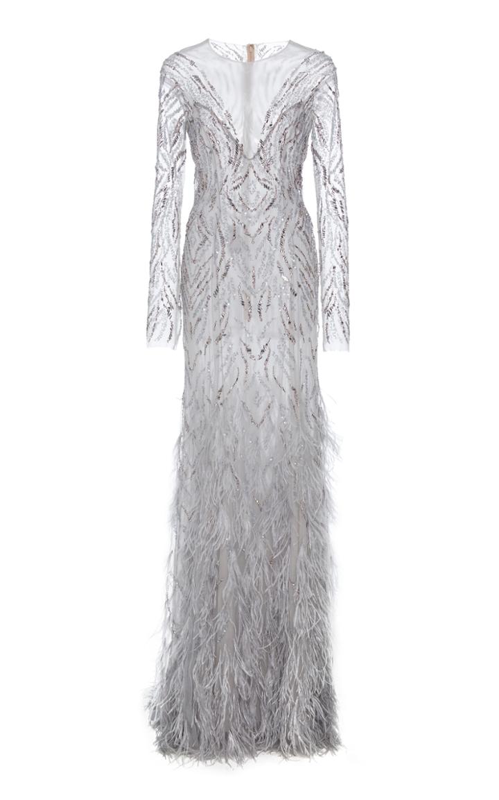 Monique Lhuillier Long Sleeve Illusion Feather Gown