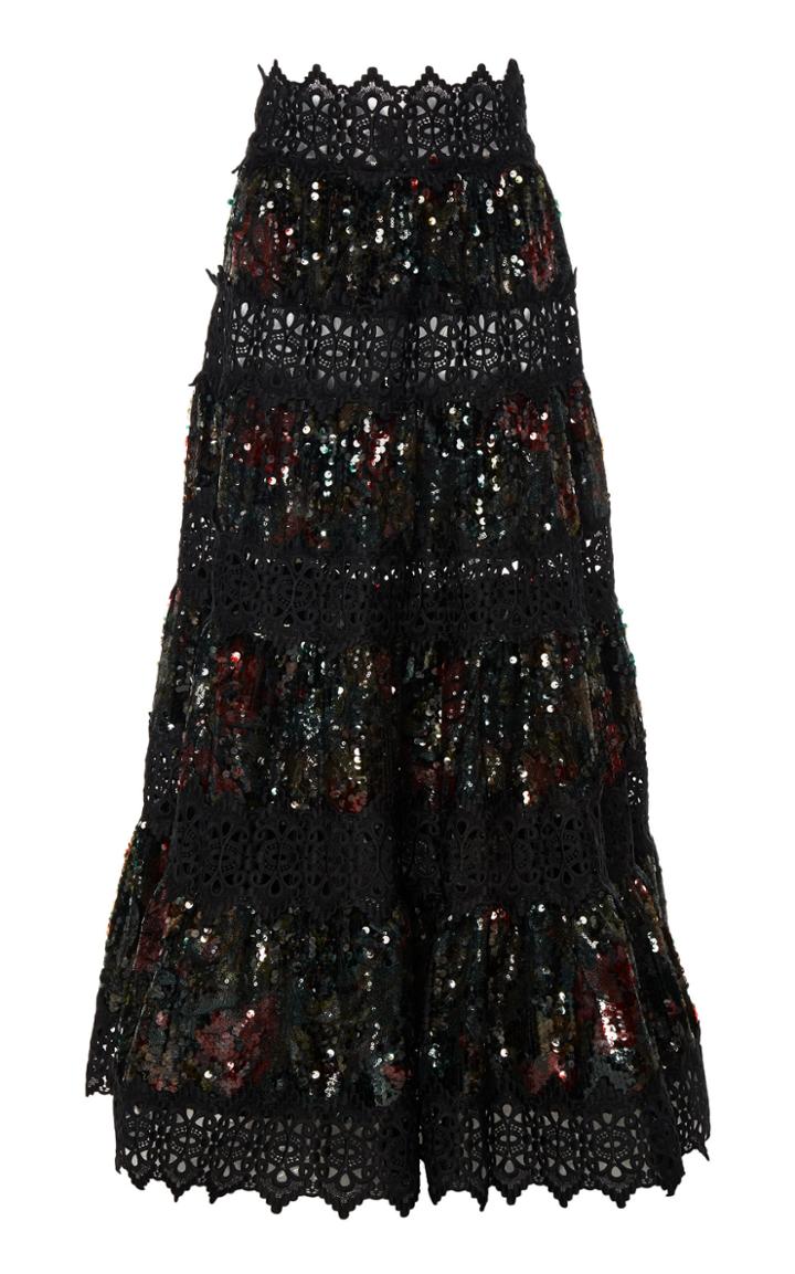 Costarellos Ruffle Lace Sequin Skirt