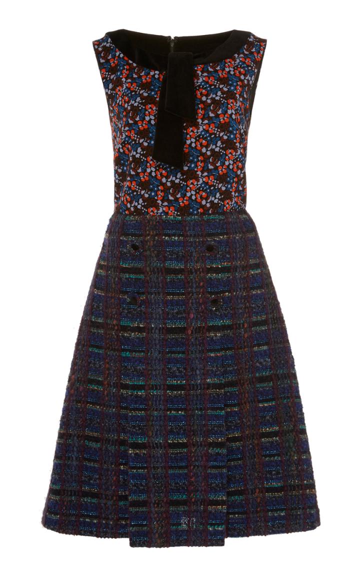 Anna Sui Braided Metallic Tweed Print-blocked Dress