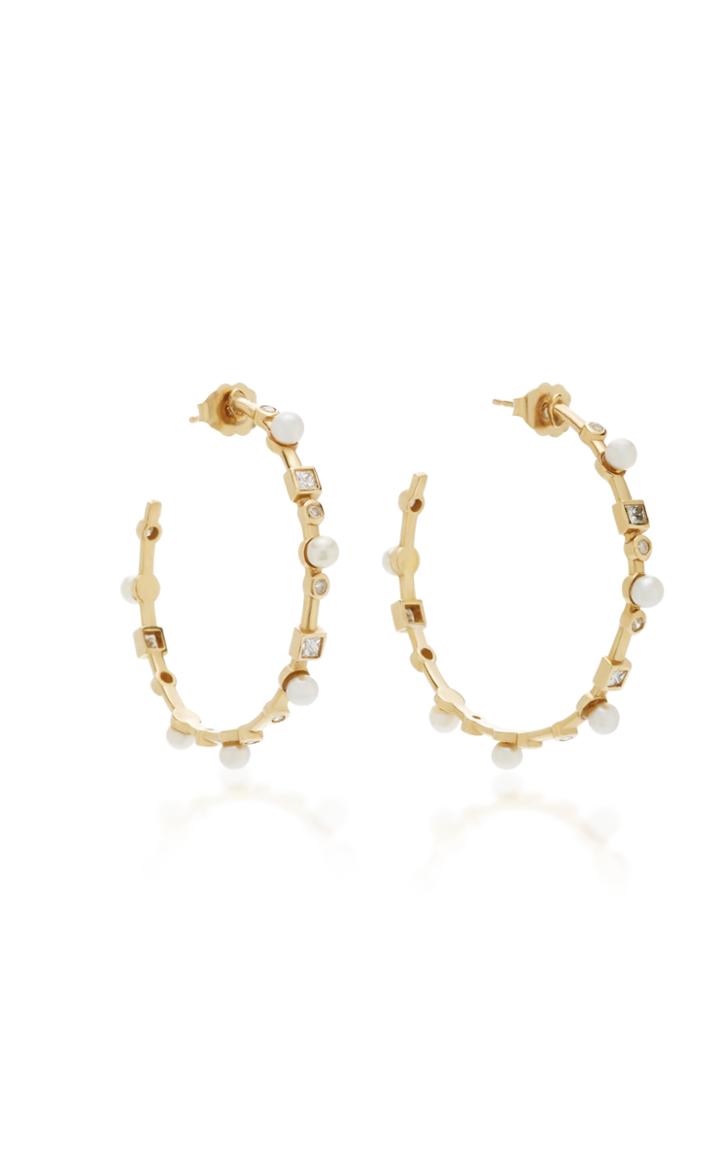 Nancy Newberg Yellow Gold Hoop Earrings With Pearls And Diamonds