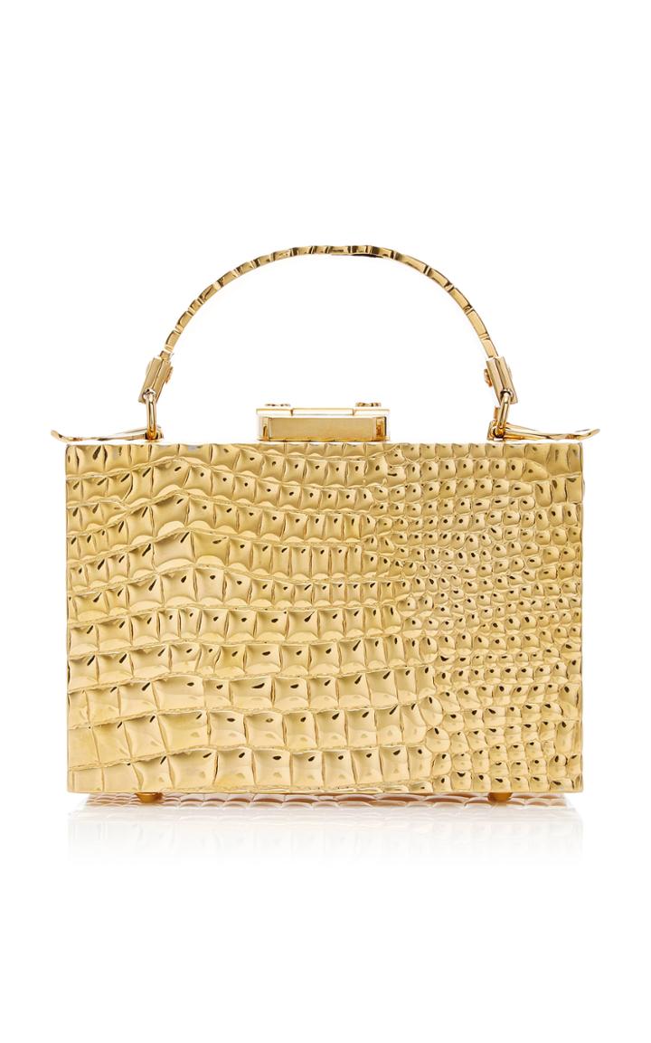 Mark Cross Croco Stamped Brass Mini Grace Box Bag