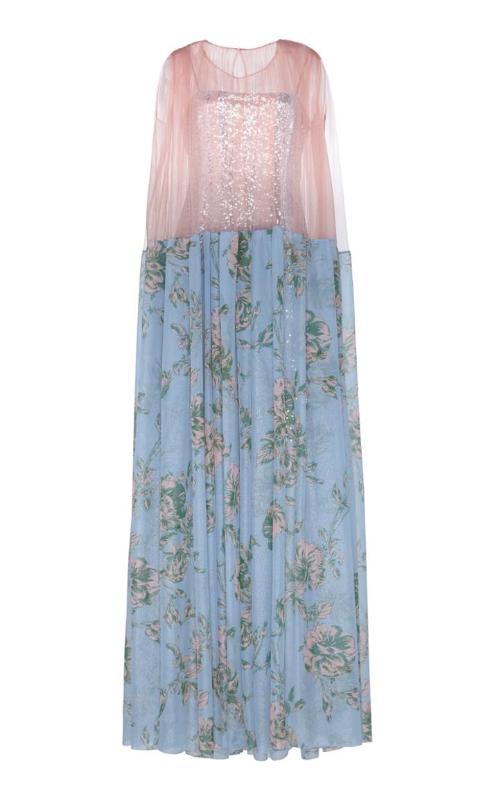 Delpozo Floral Printed Silk Chiffon Gown With Sequin Mini