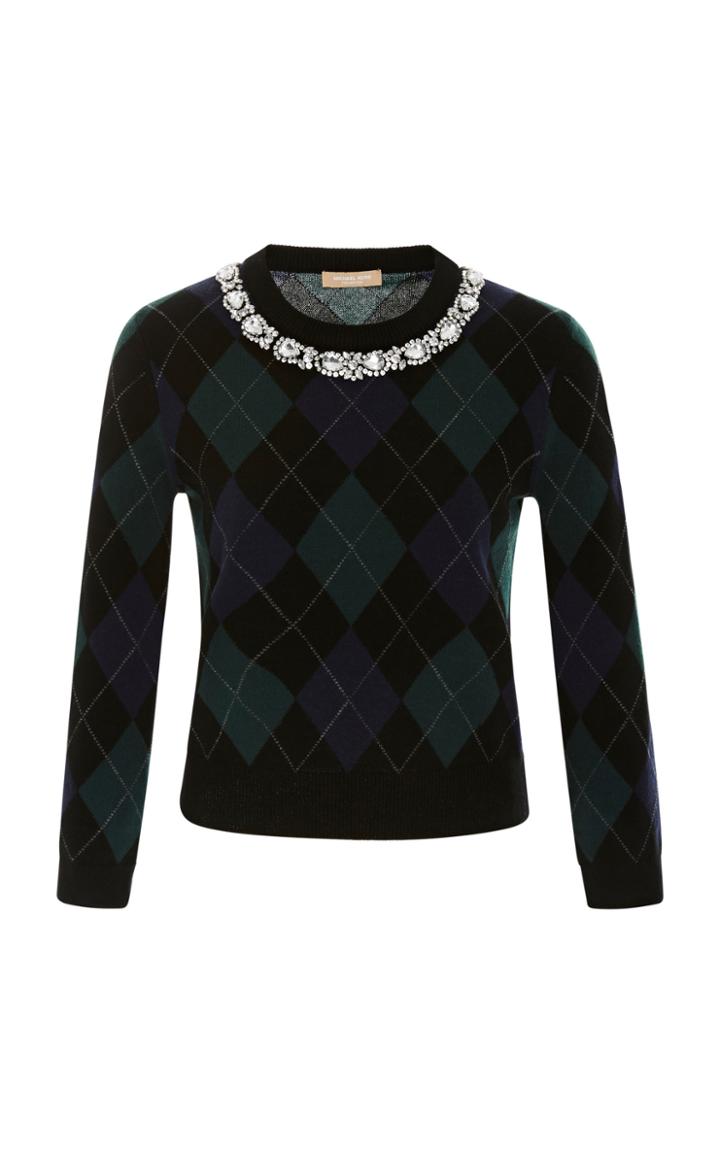 Michael Kors Collection Crystal Necklace Argyle Sweater