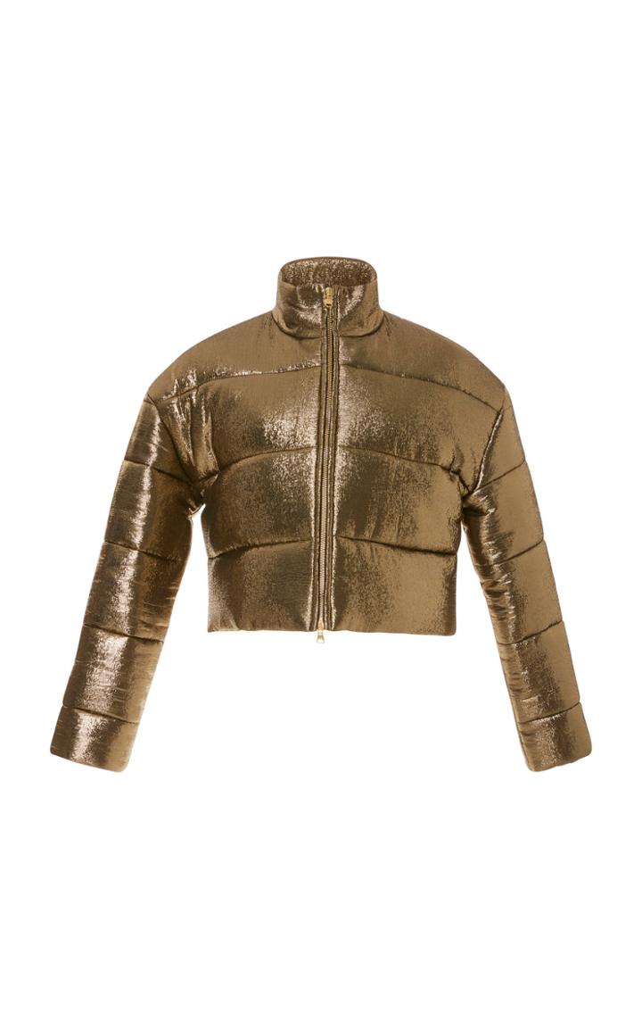 Sally Lapointe Silk Lame Cropped Puffer Coat