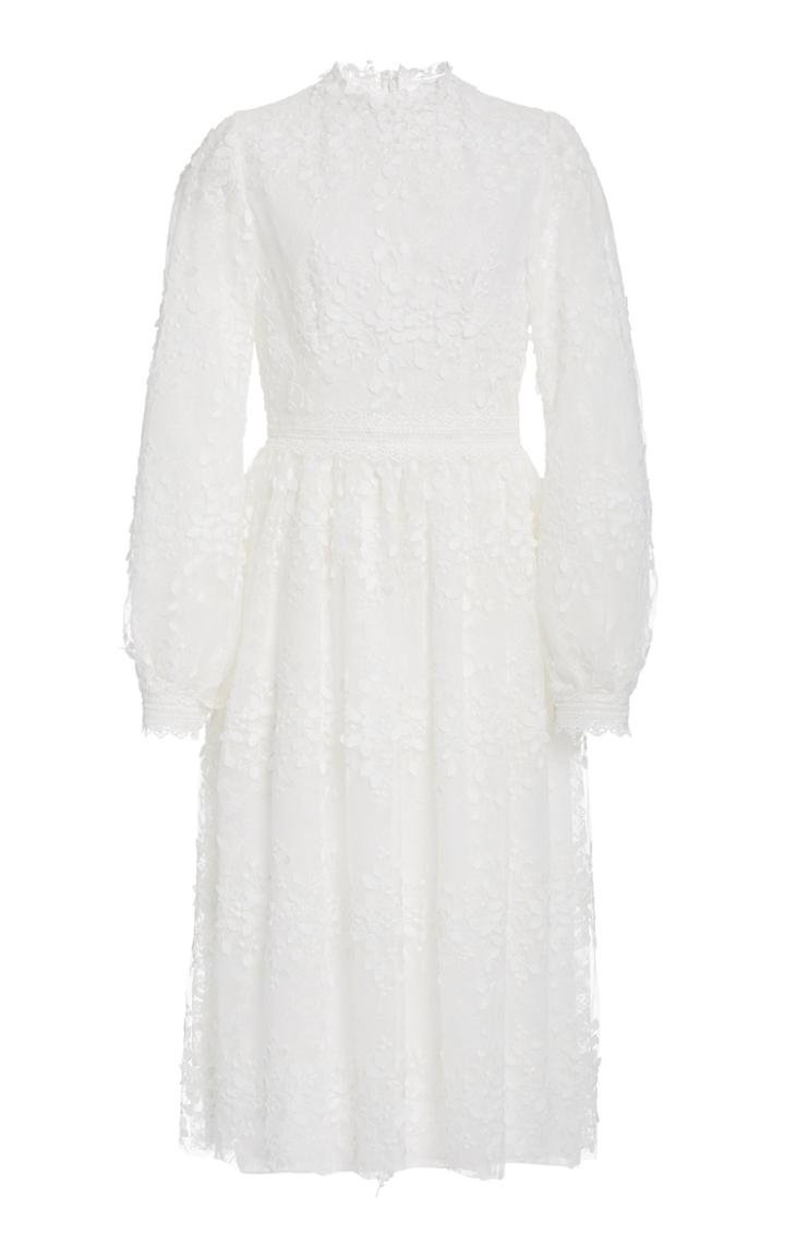 Costarellos Embroidered Tulle Midi Dress
