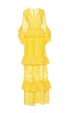 Costarellos Ruffle Sleeve V-neck Silk Chiffon Long Dress