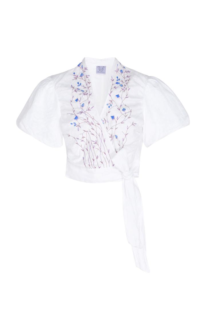 Thierry Colson Tamara Cropped Embroidered Linen Wrap Top