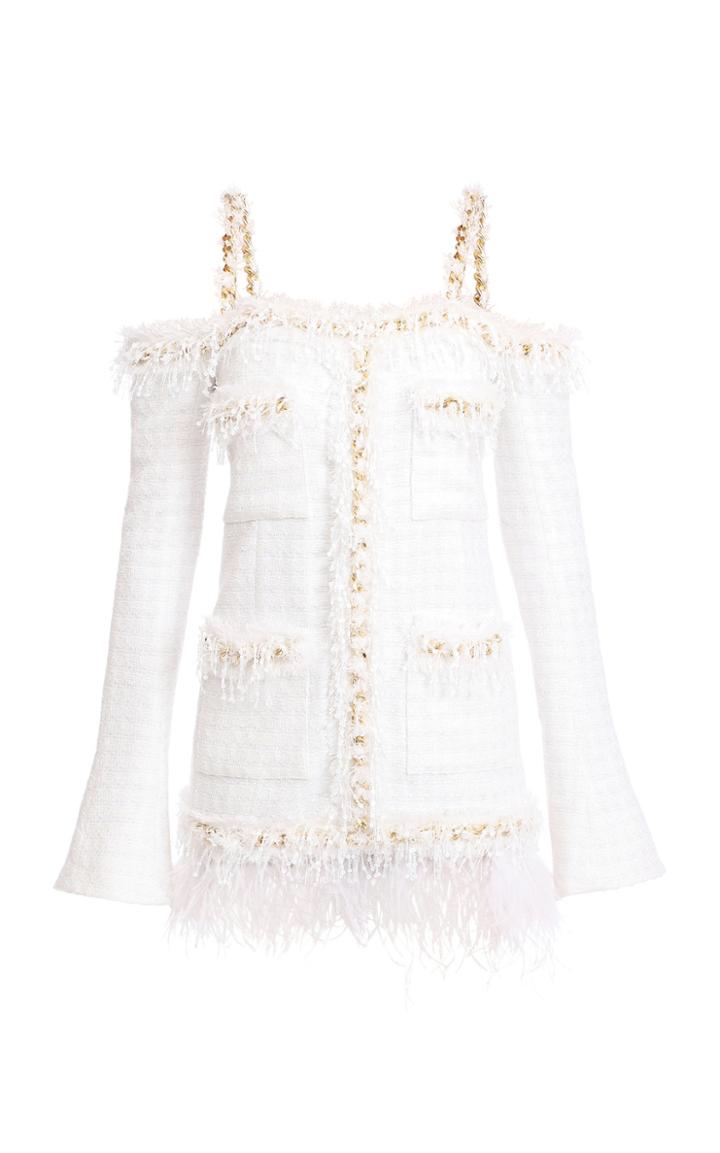 Balmain Sequined Chainlink Tweed Cold-shoulder Dress