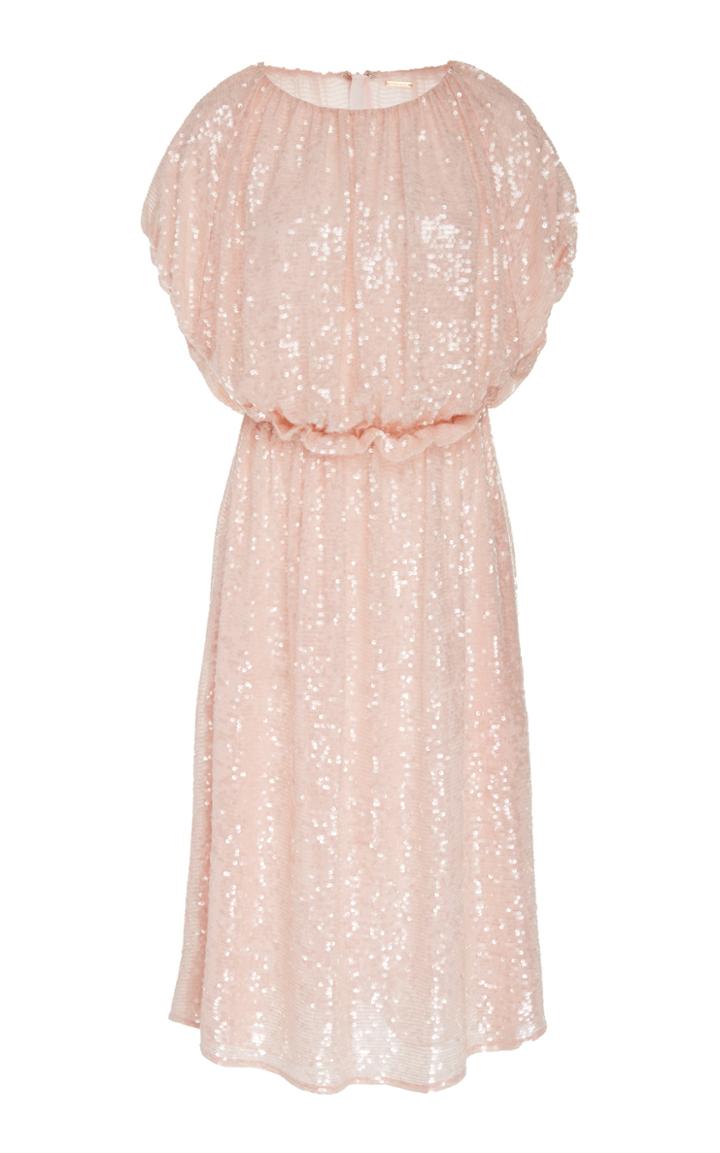 Adam Lippes Sequin Embroidered Ruffle Waist Chiffon Dress