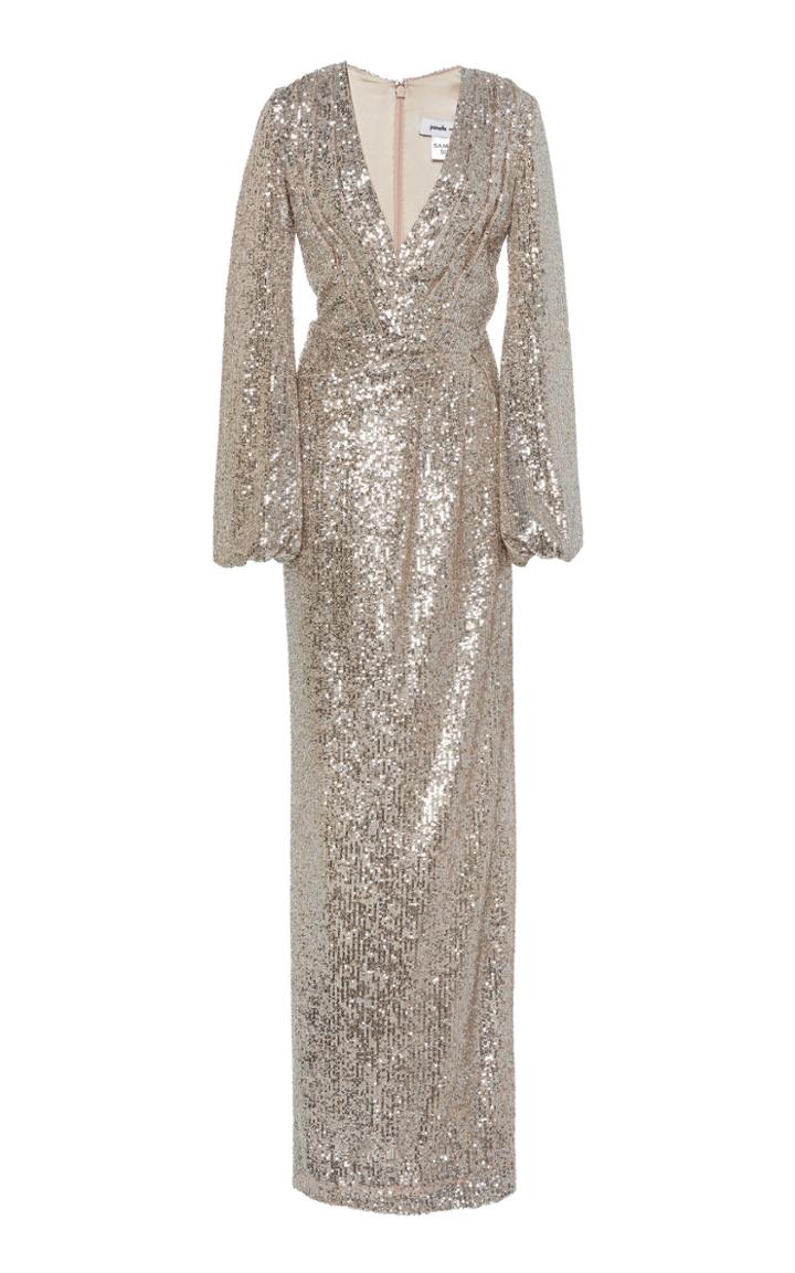 Pamella Roland Ballon Sleeve Sequin Gown