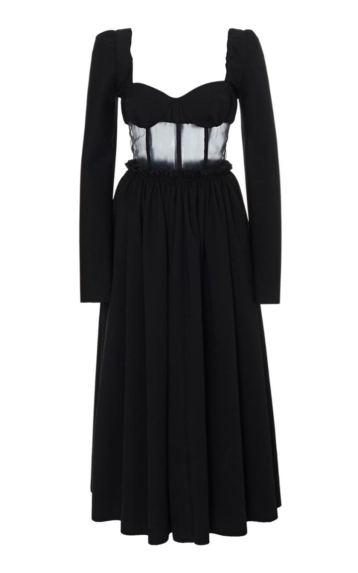 Rosie Assoulin Pleated Sheer-paneled Cady Midi Dress