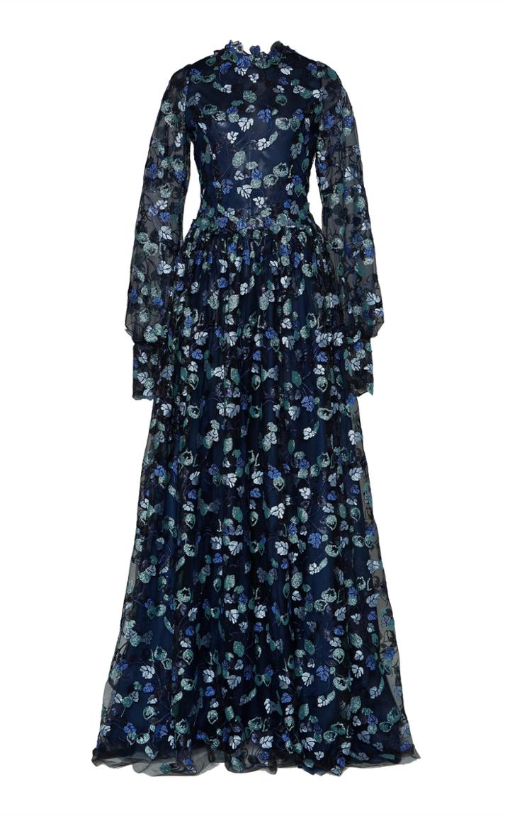 Luisa Beccaria Embellished Organza Peasant Sleeve Gown