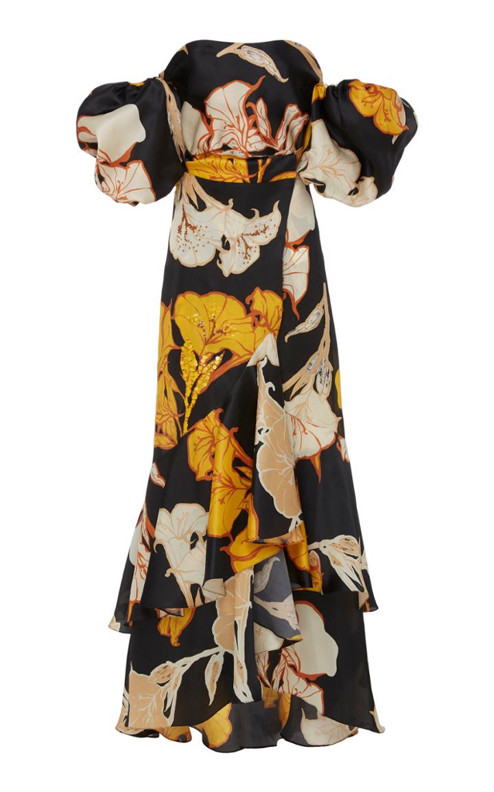 Johanna Ortiz Off-the-shoulder Floral-print Silk Gown