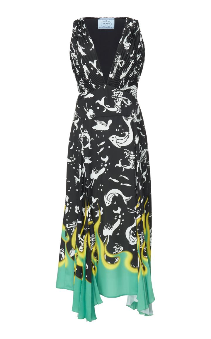 Prada Draped Printed Crepe De Chine Midi Dress