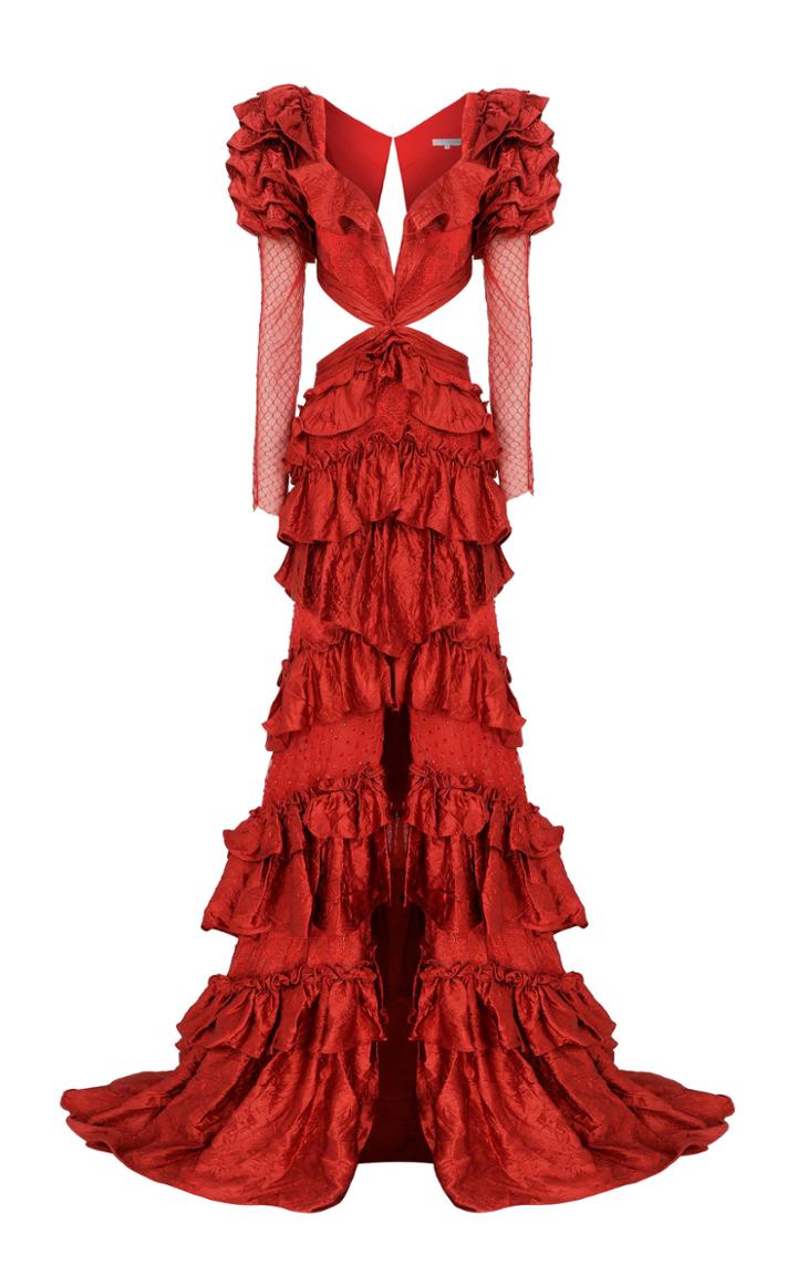 Raisa Vanessa Red Maxi Dress With Lace Detailed And Ruffles