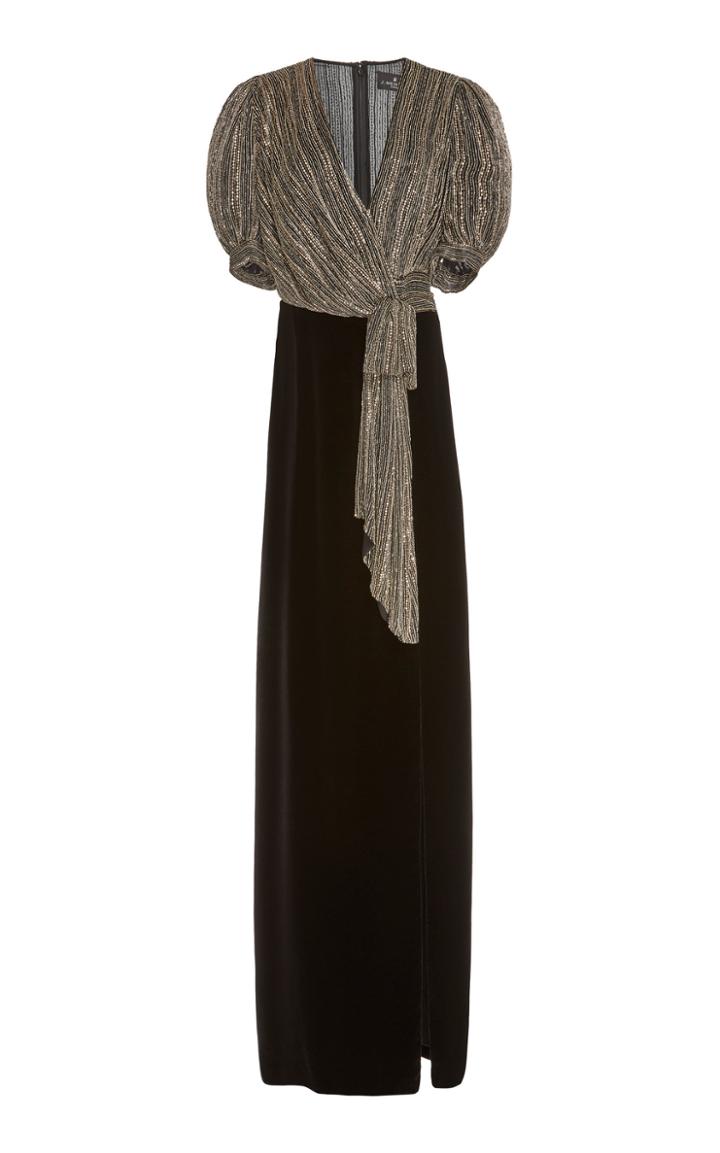 J. Mendel Embroidered Silk V-neck Gown With Velvet Skirt