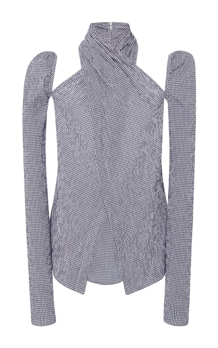 Rosie Assoulin Long Sleeve Wrap Seersucker Gingham Top