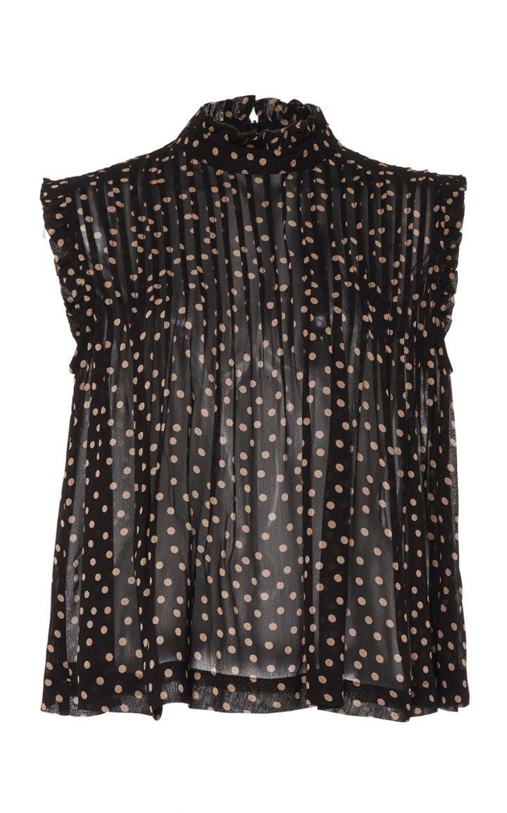 Ganni Polka-dot Pleated Georgette Top