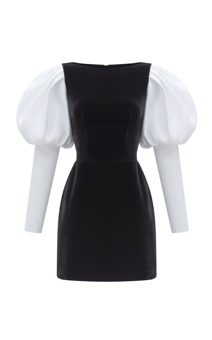 Rasario Puffed Sleeve Satin And Velvet Mini Dress