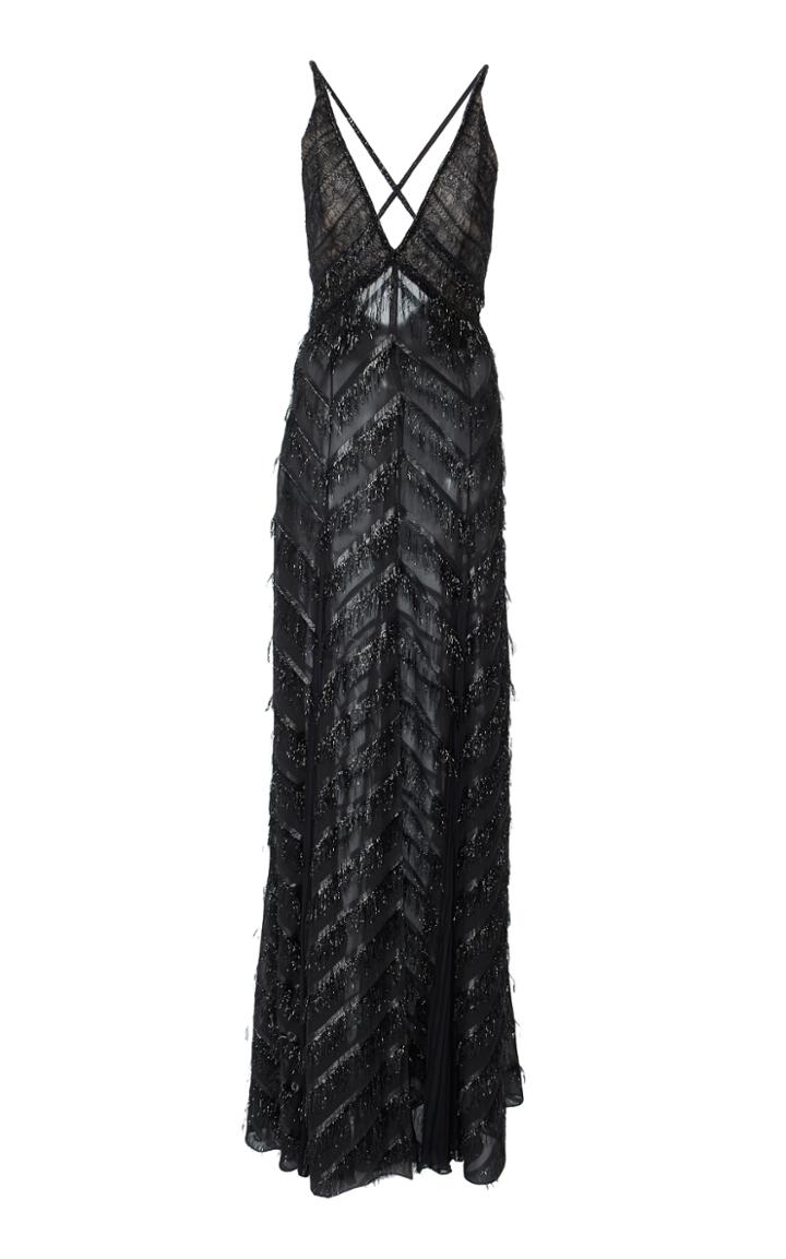 J. Mendel Sleeveless V Neck Eyelash Lame Gown