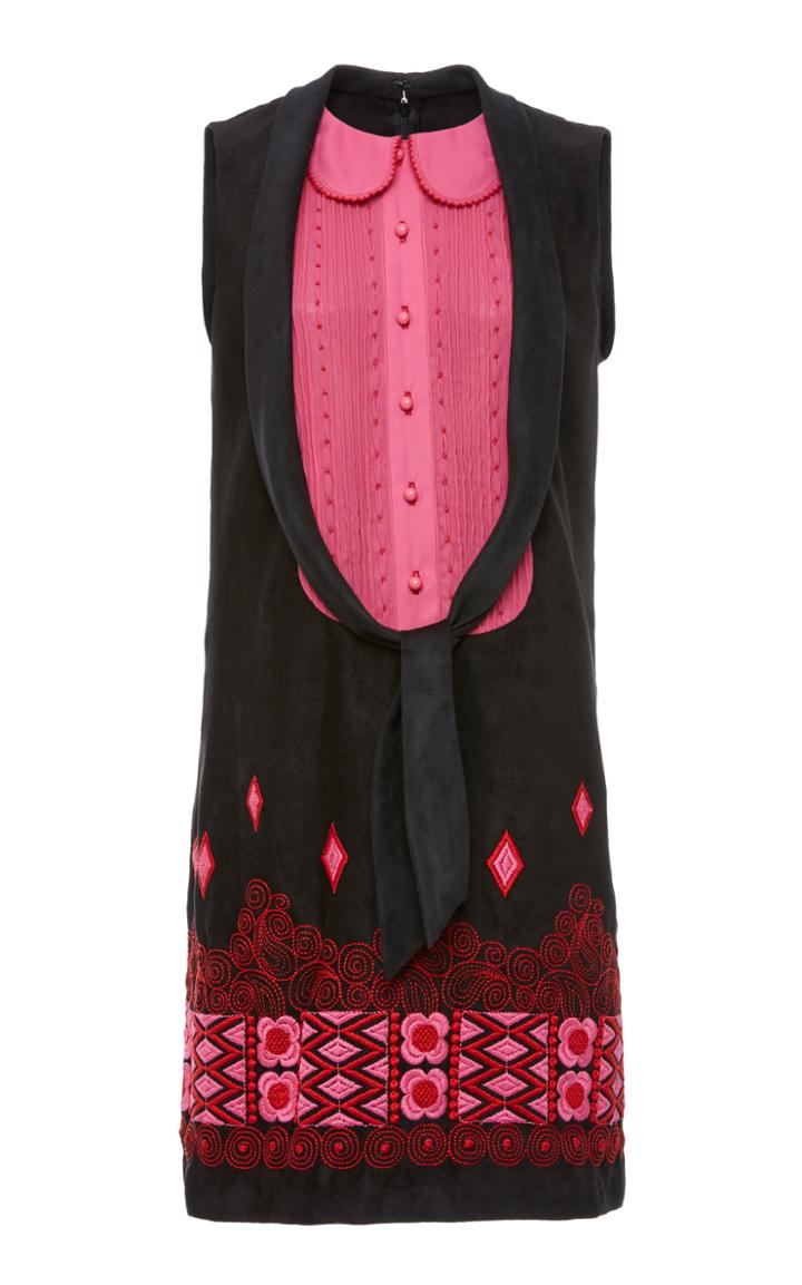 Anna Sui Daisies Embroidered Faux Suede Dress