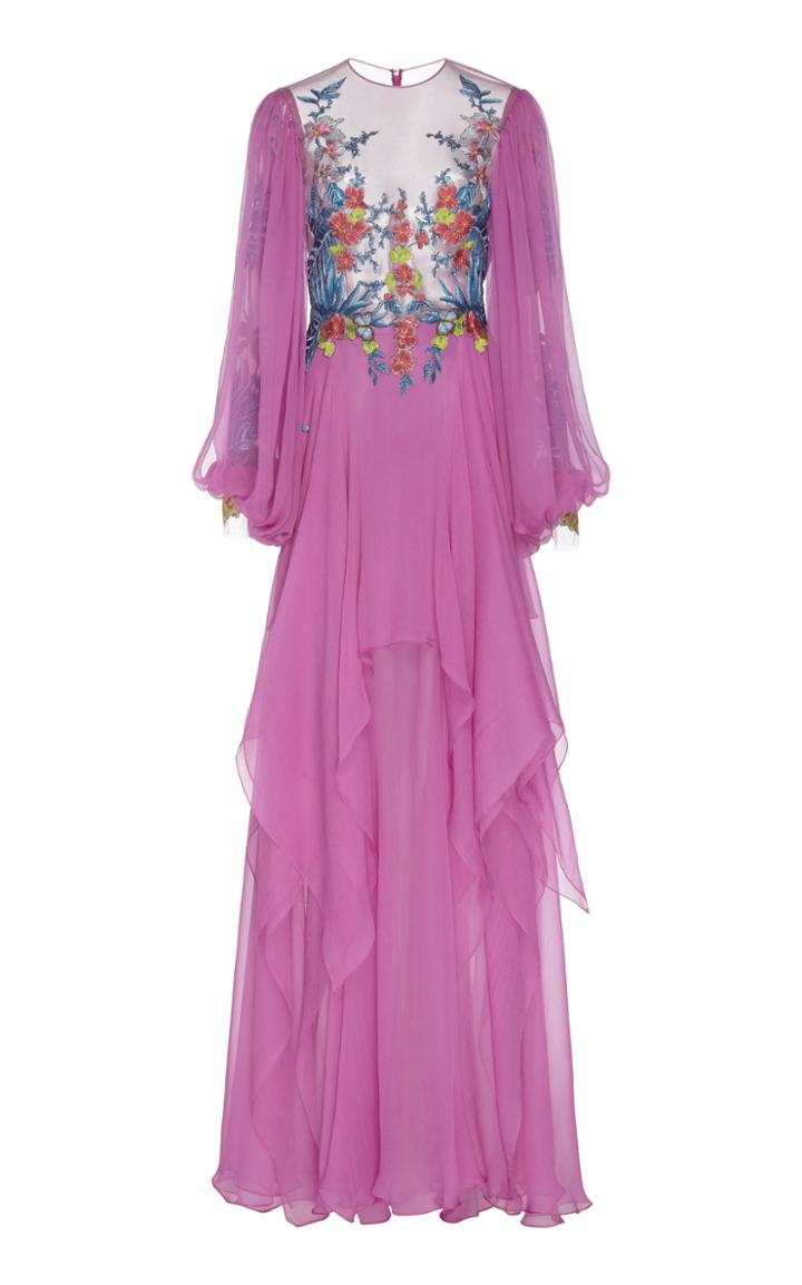 Costarellos Silk Embroidered Chiffon Dress