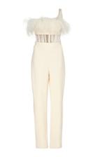 David Koma Feather-trimmed One-shoulder Jumpsuit