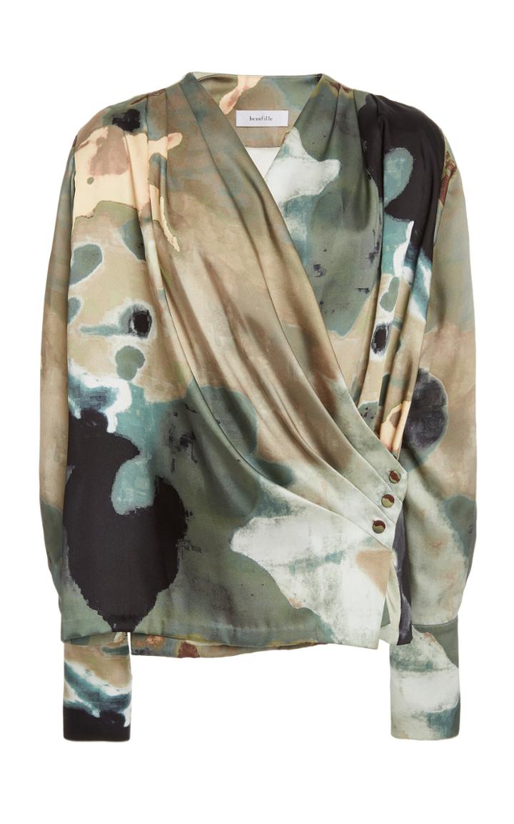 Beaufille Cloak Pleated Printed Crepe De Chine Top