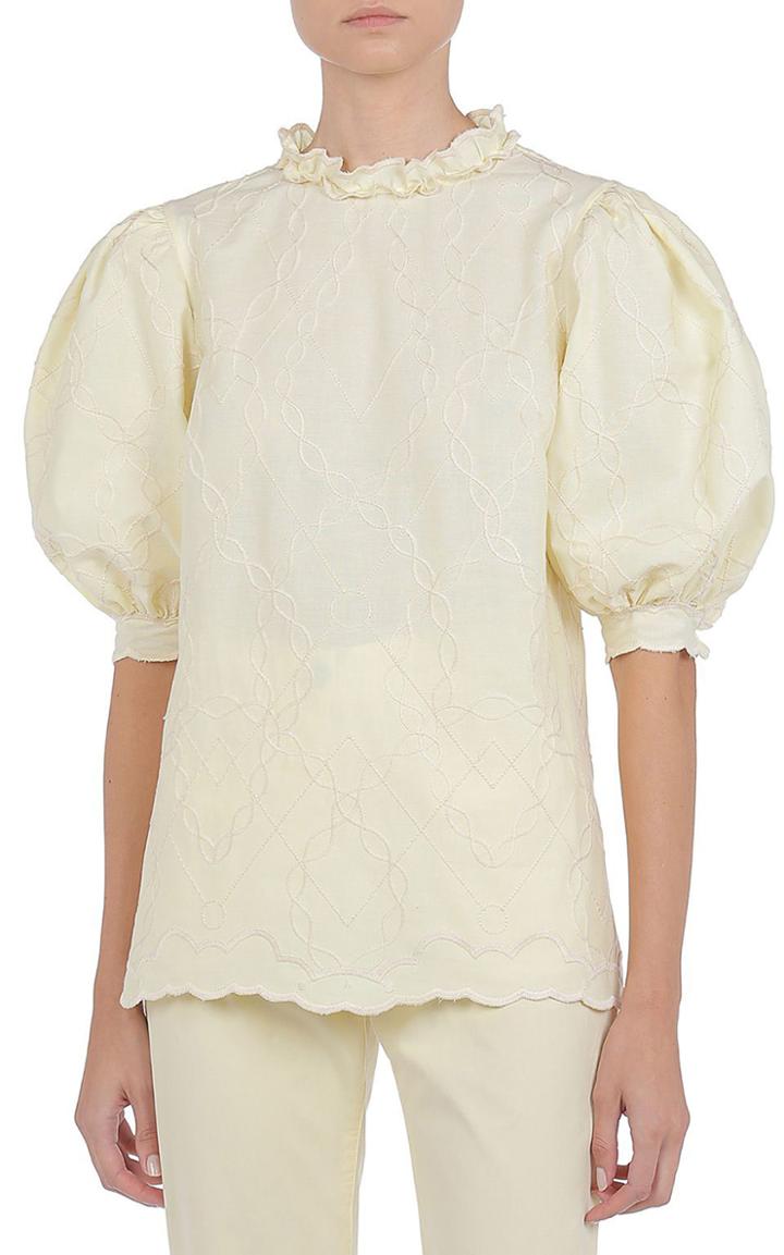 Moda Operandi Alberta Ferretti Embroidered Chambray Puffed-sleeve Blouse