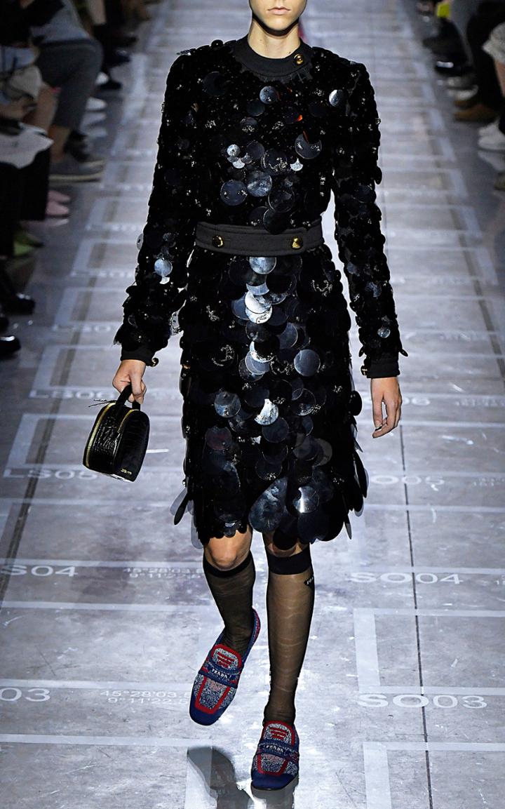 Prada Long Sleeve Sequin Embellished Silk Dress