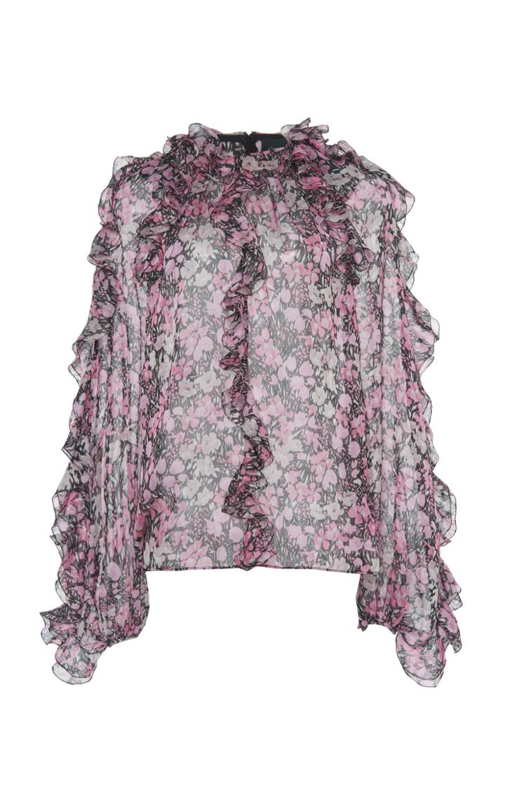 Giambattista Valli Ruffled Floral Print Silk Chiffon Blouse