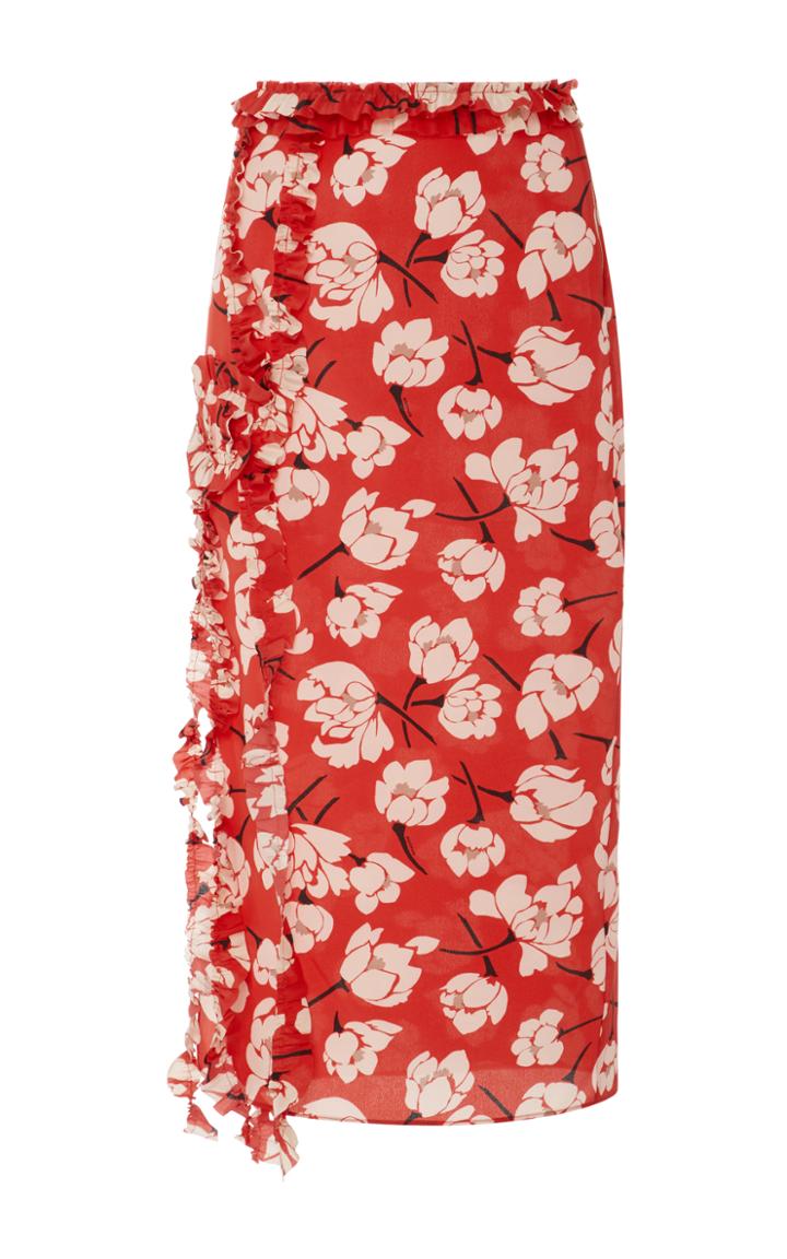 Rochas Ruffle-trimmed Floral-print Silk Skirt