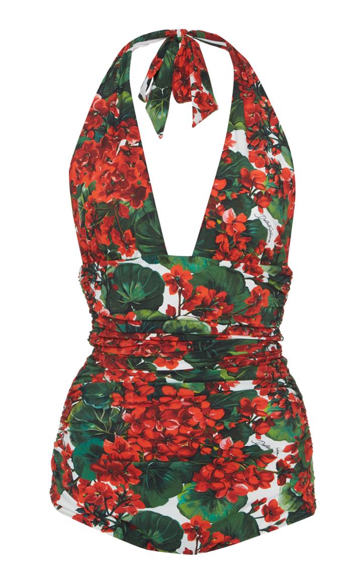 Dolce & Gabbana Ruched Printed Halterneck Swimsuit