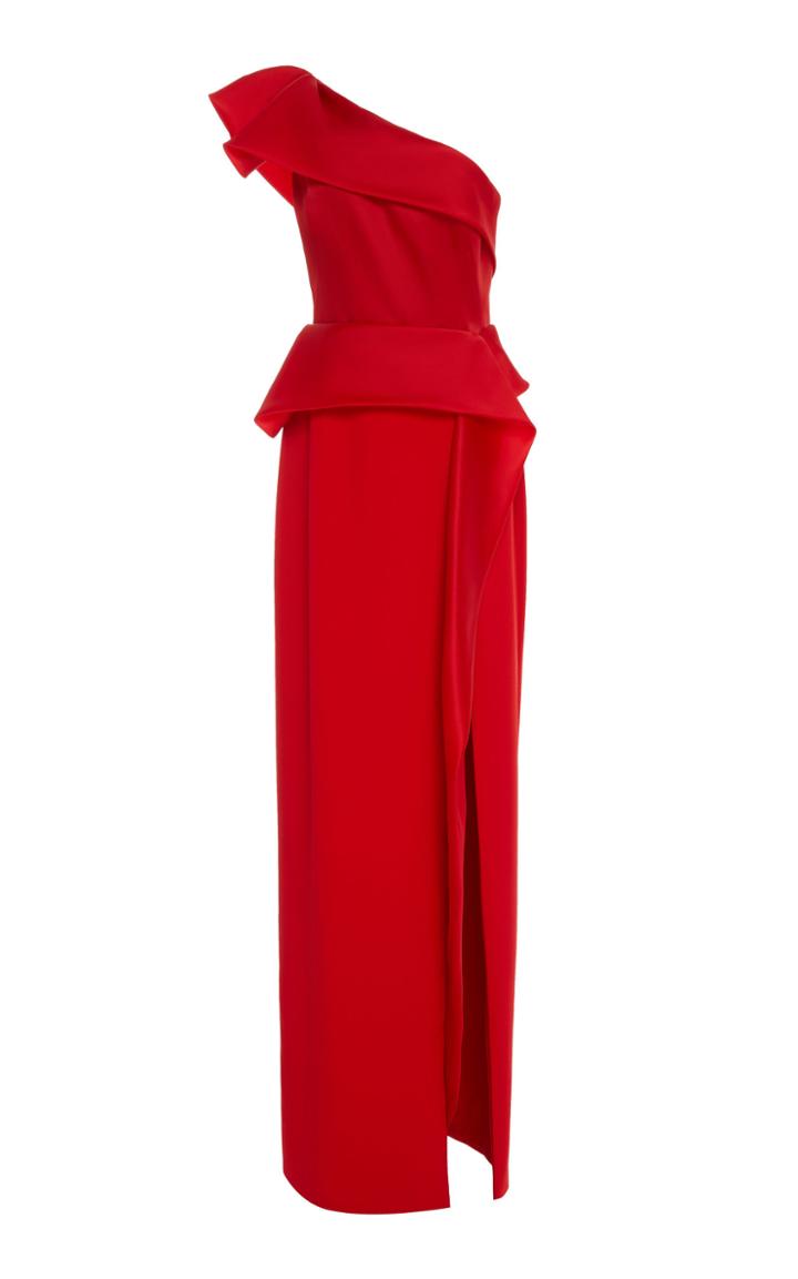 Marchesa One Shoulder Peplum Gown