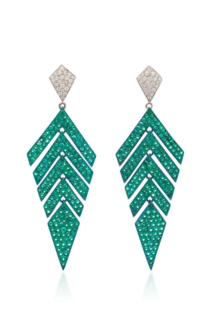 Busatti Arrow 18k White Gold Emerald And Diamond Earrings