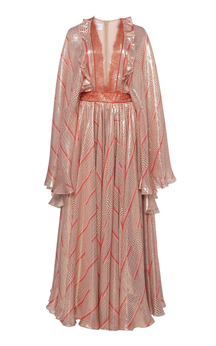 Giambattista Valli Metallic Printed Silk Plisse V-neck Gown