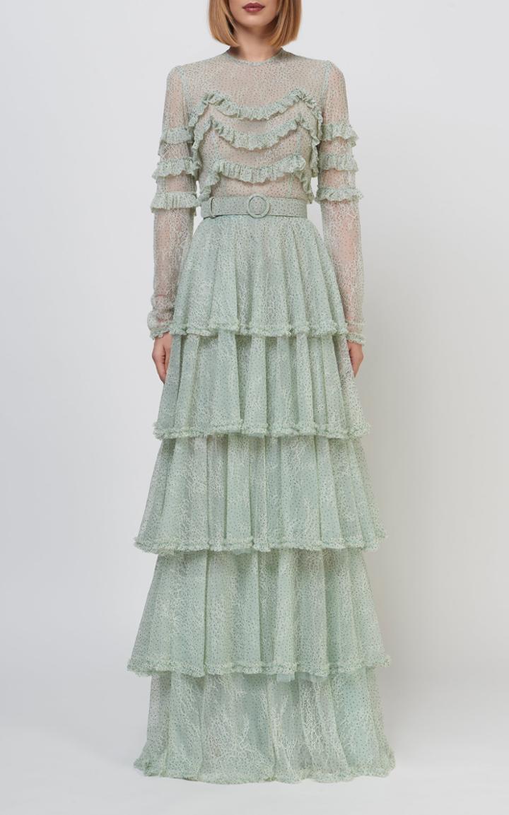 Moda Operandi Costarellos Miranne Tiered Chantilly Lace Ruffle Gown