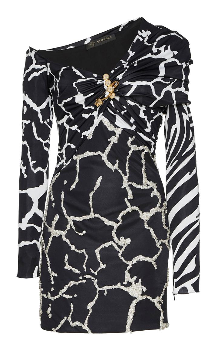 Versace Asymmetric Satin Long Sleeve Dress