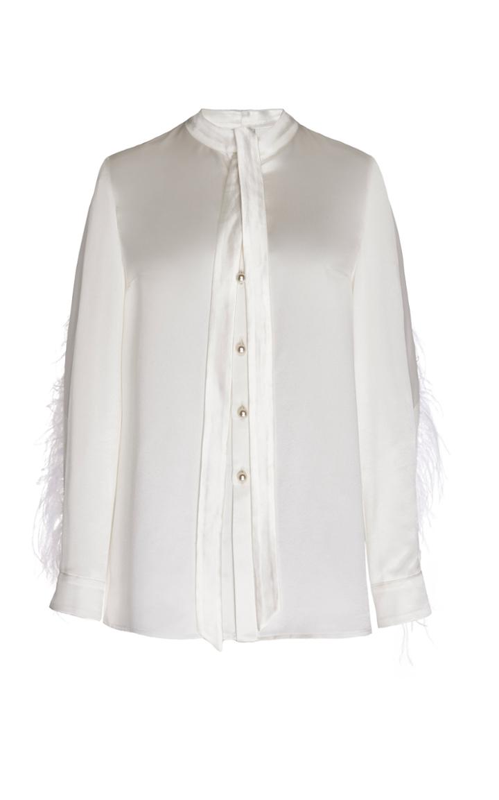 Huishan Zhang Kaylee Ostrich Feather Embellished Satin Blouse