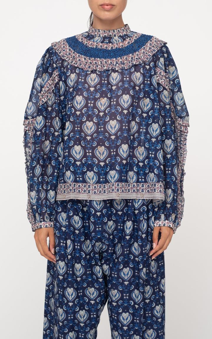 Moda Operandi Sea Brigitte Border Printed Cotton Top