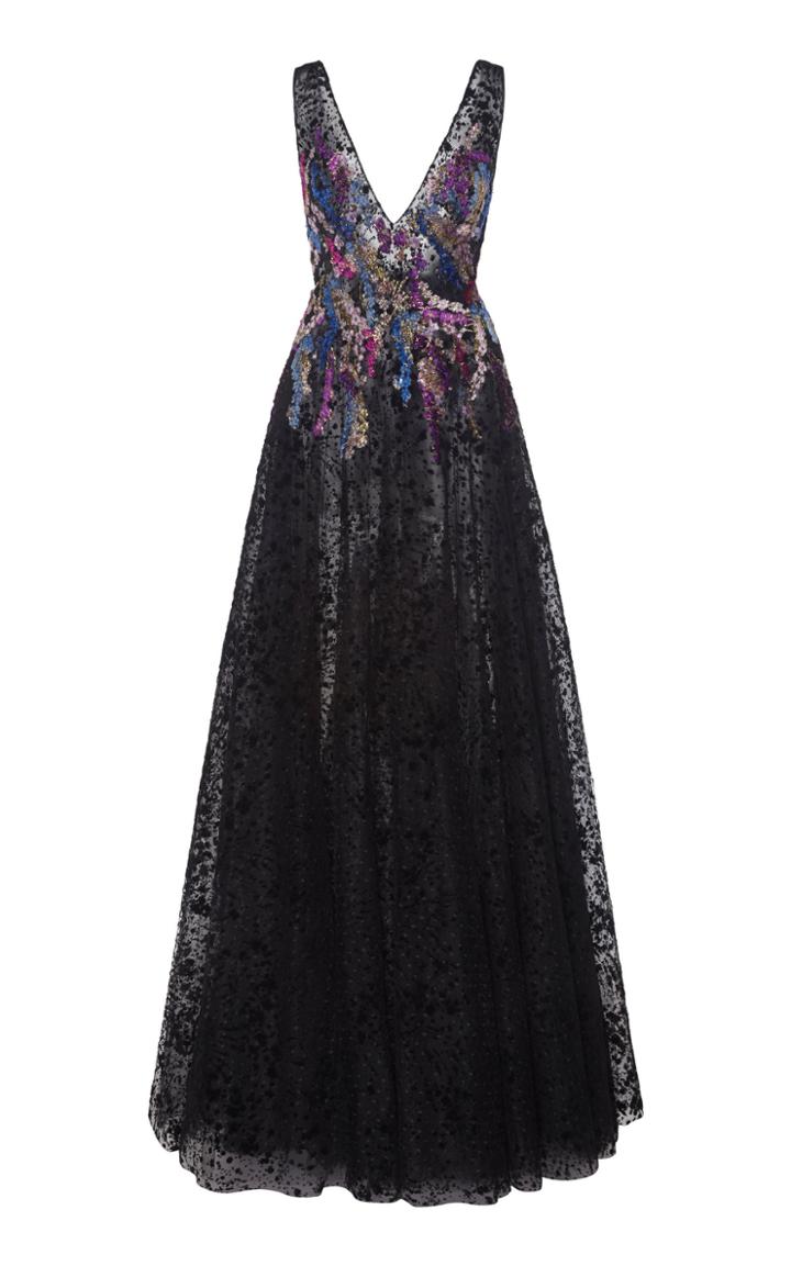 Costarellos Flocked Dotted Tulle Dress