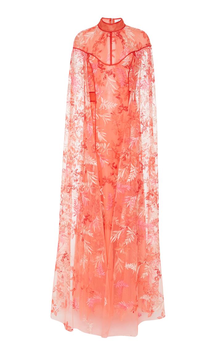 J. Mendel High Neck Embroidered Gown With Sheer Cape
