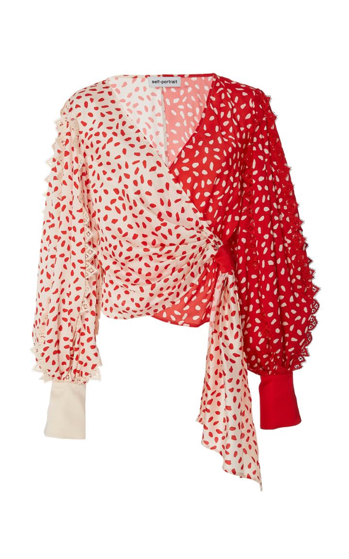 Self Portrait Two-tone Printed Crepe Wrap Top
