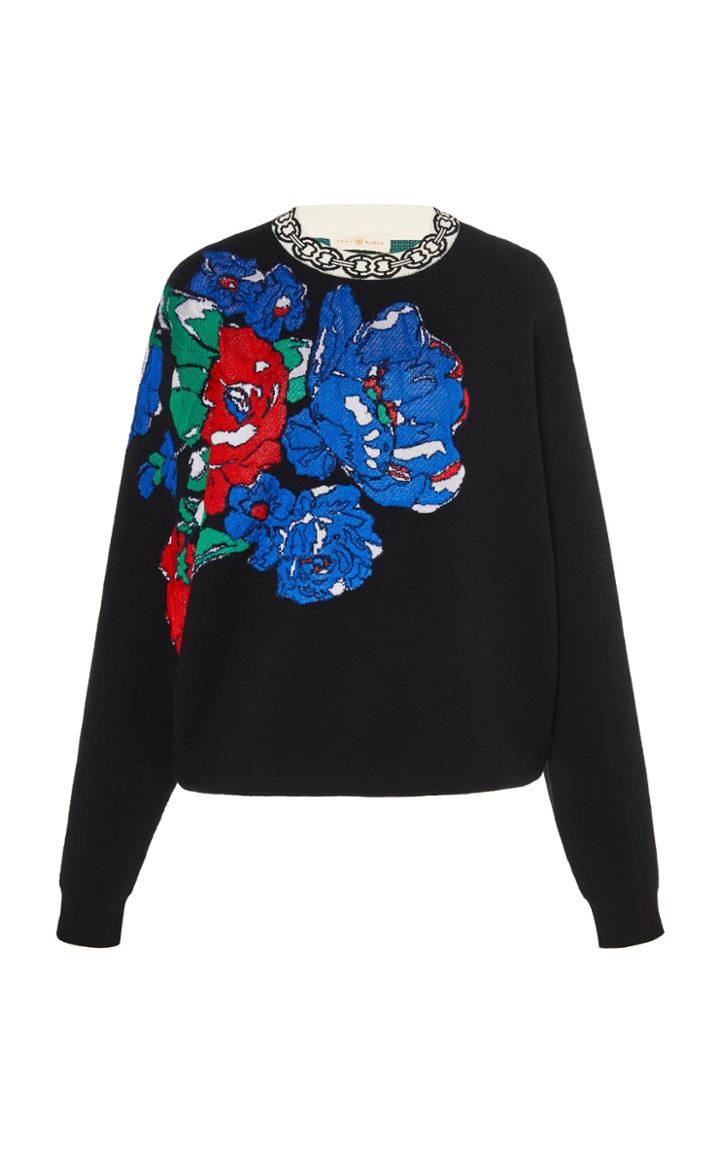 Moda Operandi Tory Burch Oversized Floral Merino Wool-blend Pullover Size: Xxs