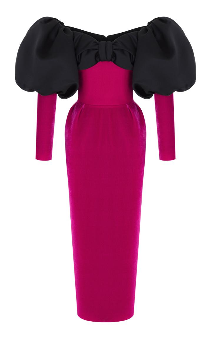 Rasario Puffed Sleeve Satin And Velvet Corset Midi Dress Size: 34